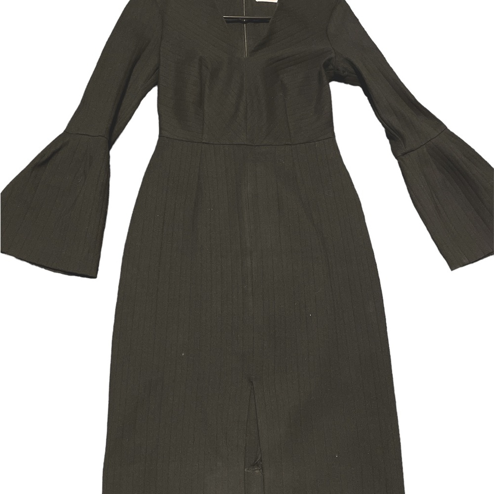 n/Nicholas V Neck Black Ribbed Bell Sleeve Dress